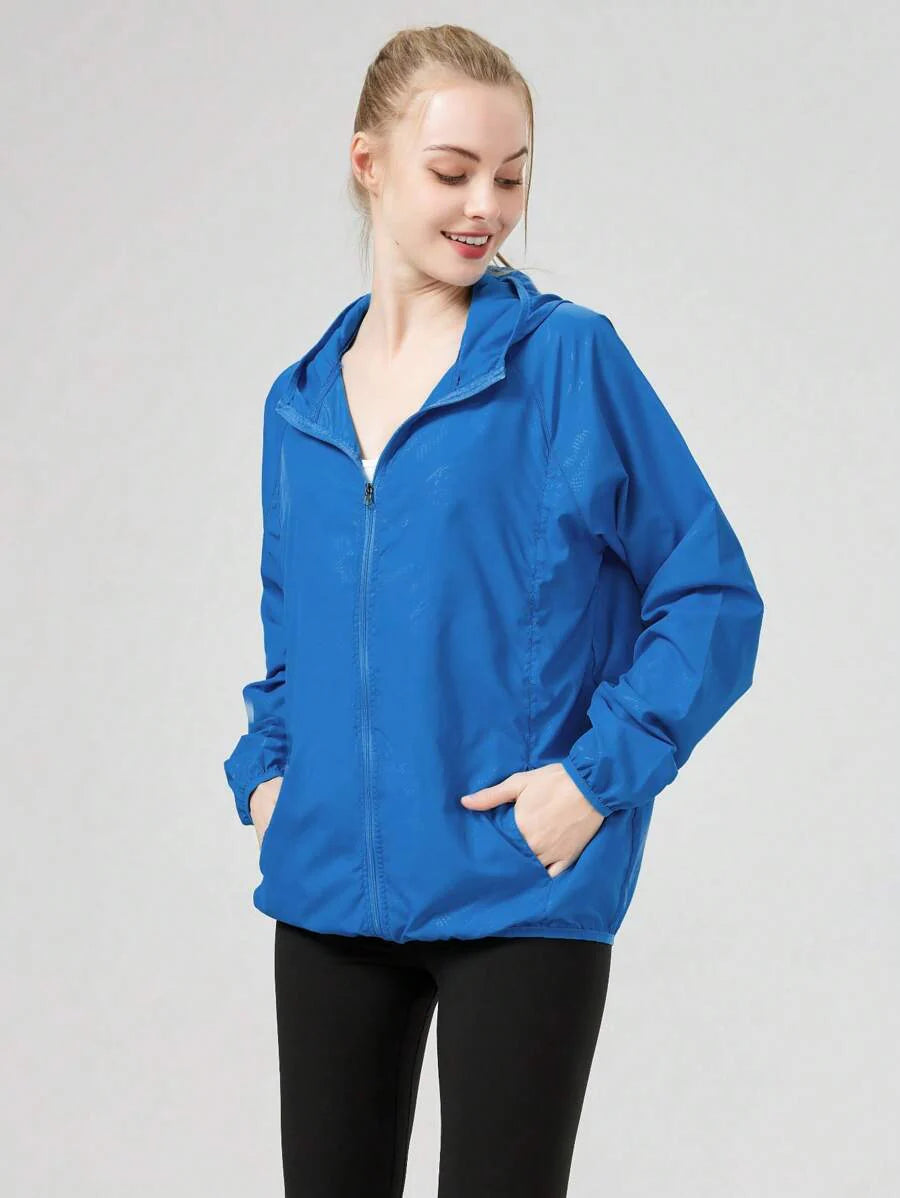 1pc Women's Lightweight Waterproof Jacket, Casual Windbreaker, Quick-Dry Sportswear, Black Long Sleeve Athletic Jacket For Women, With Storage Bag