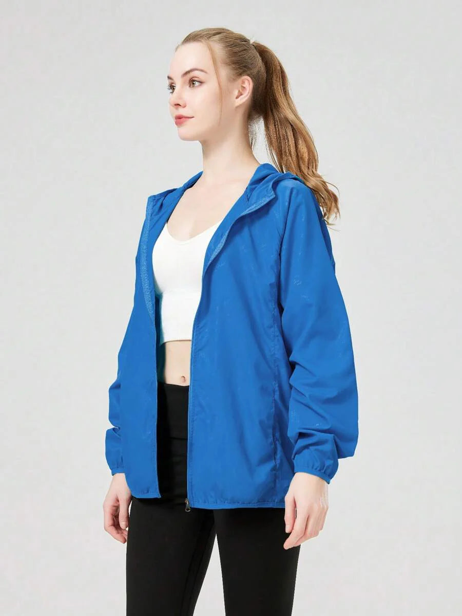 1pc Women's Lightweight Waterproof Jacket, Casual Windbreaker, Quick-Dry Sportswear, Black Long Sleeve Athletic Jacket For Women, With Storage Bag