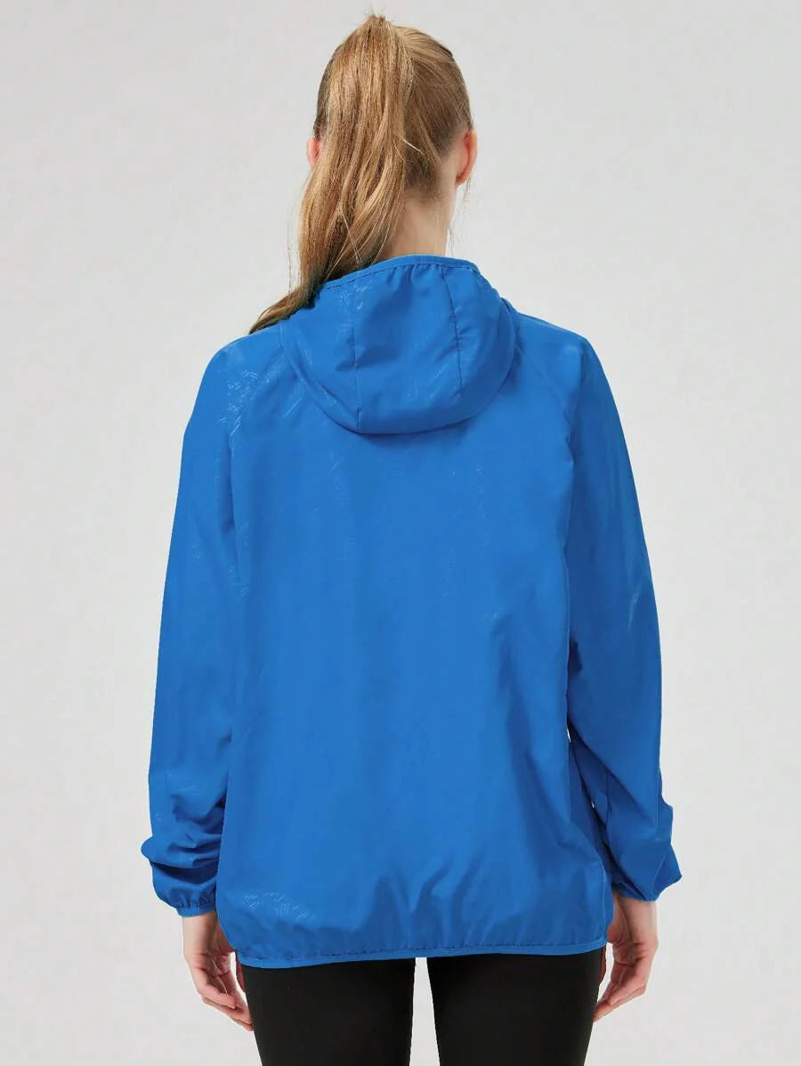 1pc Women's Lightweight Waterproof Jacket, Casual Windbreaker, Quick-Dry Sportswear, Black Long Sleeve Athletic Jacket For Women, With Storage Bag