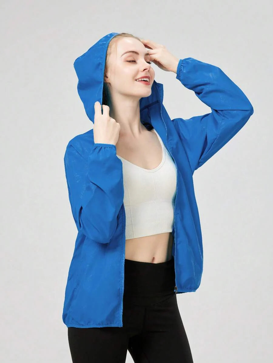 1pc Women's Lightweight Waterproof Jacket, Casual Windbreaker, Quick-Dry Sportswear, Black Long Sleeve Athletic Jacket For Women, With Storage Bag