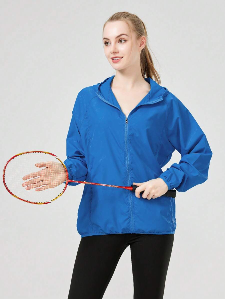 1pc Women's Lightweight Waterproof Jacket, Casual Windbreaker, Quick-Dry Sportswear, Black Long Sleeve Athletic Jacket For Women, With Storage Bag
