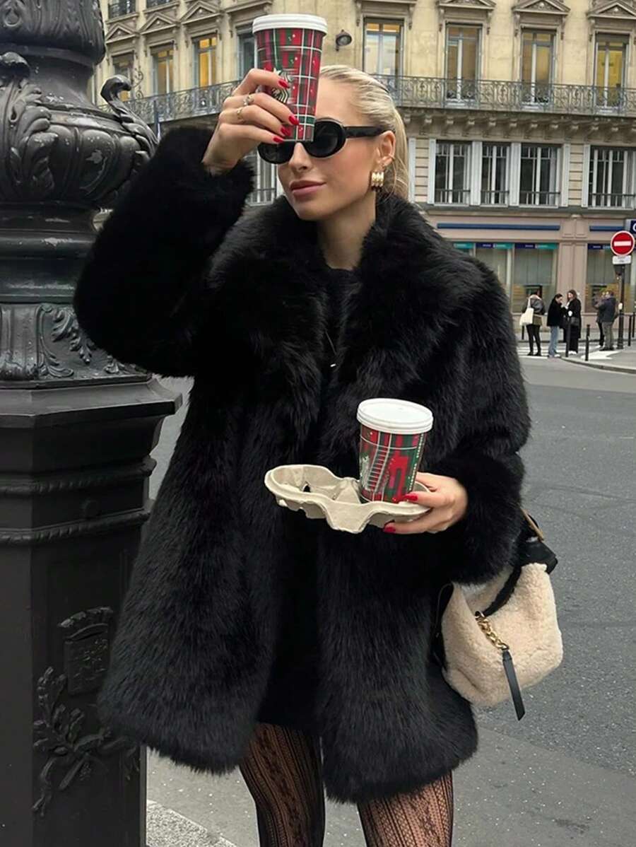 HH Women Vintage Solid Faux Fur Coat Loose Casual Long Sleeve Lapel Jacket Winter Thick Warm Outerwear Oversize Style