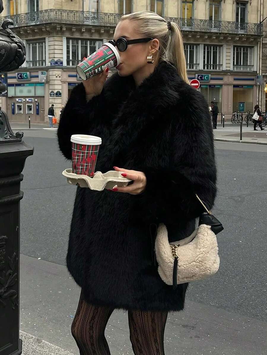 HH Women Vintage Solid Faux Fur Coat Loose Casual Long Sleeve Lapel Jacket Winter Thick Warm Outerwear Oversize Style