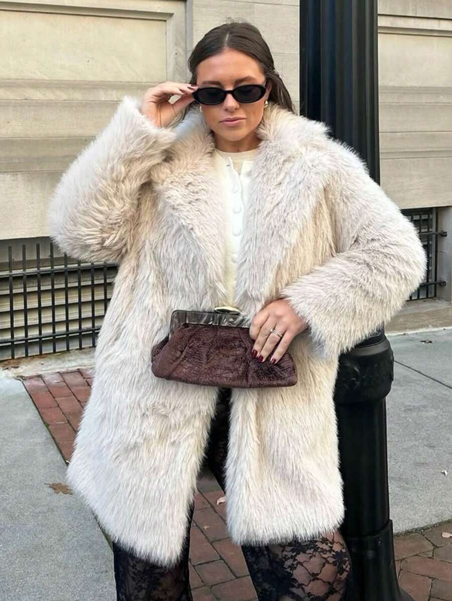 HH Women Vintage Solid Faux Fur Coat Loose Casual Long Sleeve Lapel Jacket Winter Thick Warm Outerwear Oversize Style