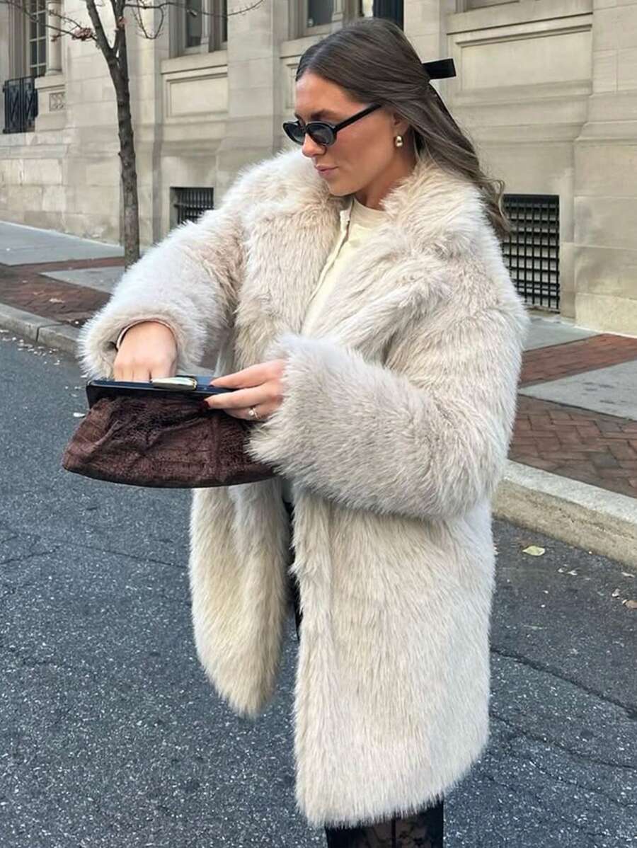 HH Women Vintage Solid Faux Fur Coat Loose Casual Long Sleeve Lapel Jacket Winter Thick Warm Outerwear Oversize Style