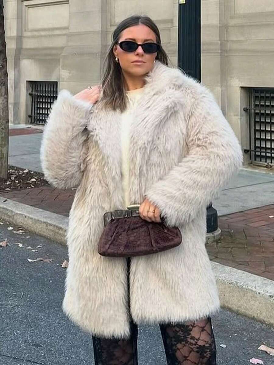 HH Women Vintage Solid Faux Fur Coat Loose Casual Long Sleeve Lapel Jacket Winter Thick Warm Outerwear Oversize Style