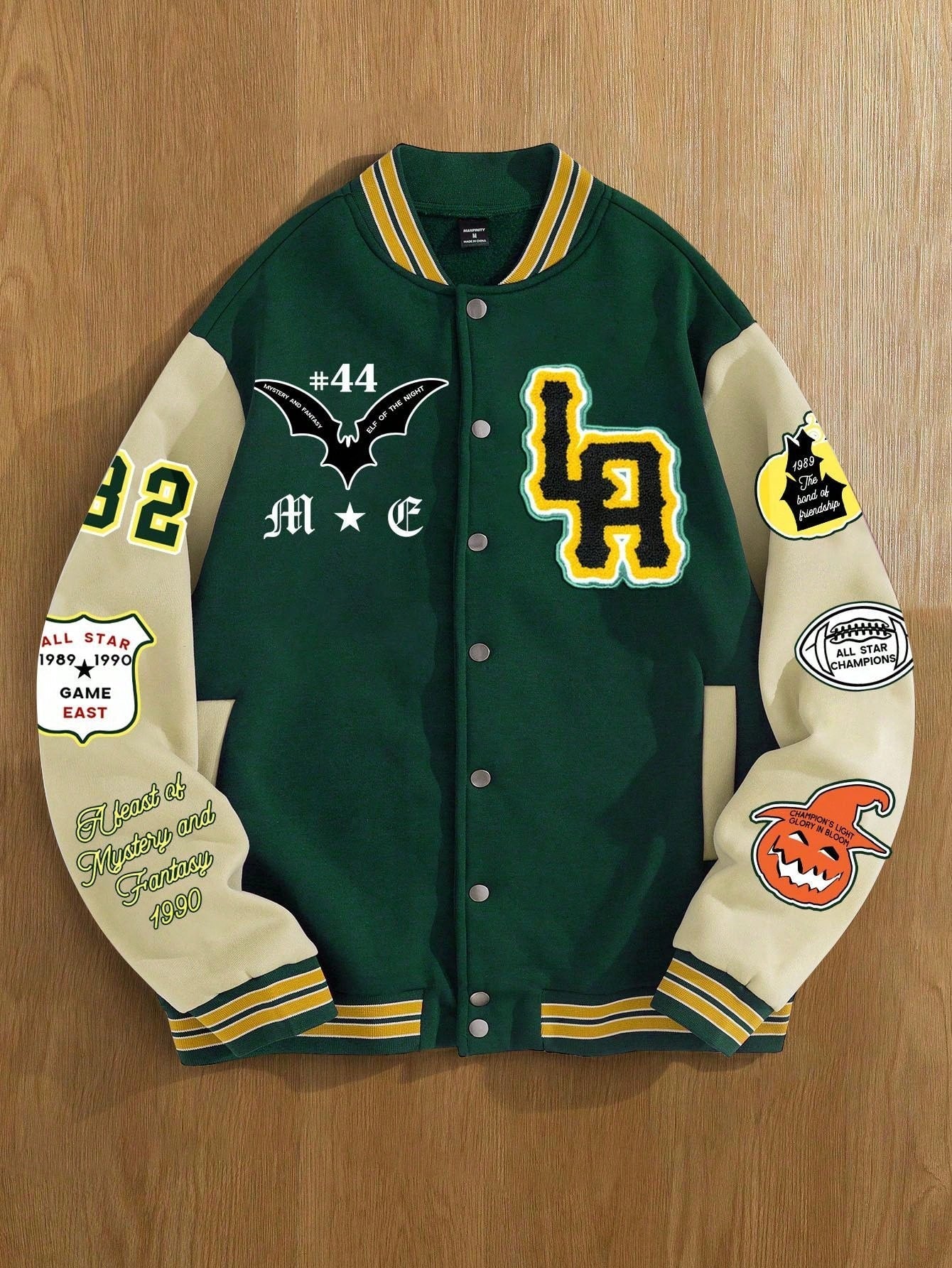 Manfinity Roghcode Men's Casual Street Fashion Varsity Jacket, Halloween Cartoon & Slogan Print Color Block, Autumn Baseball Jacket Letterman Jacket Graphic Jacket Custom Jacket, A Great Gift For Your Boyfriend, Back To School