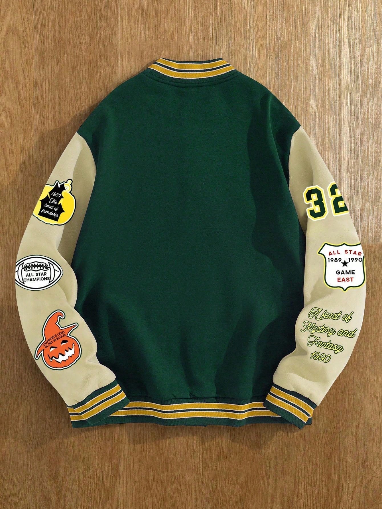 Manfinity Roghcode Men's Casual Street Fashion Varsity Jacket, Halloween Cartoon & Slogan Print Color Block, Autumn Baseball Jacket Letterman Jacket Graphic Jacket Custom Jacket, A Great Gift For Your Boyfriend, Back To School