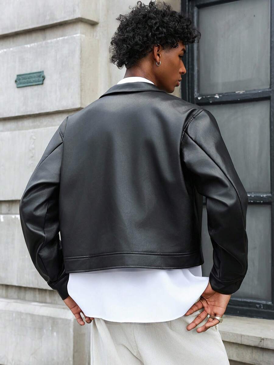 PAVTROS Manfinity Streetrush Men's Short Zip-Up PU Leather Jacket, Black Leather Jacket Men Cropped Leather Jacket Men Leather Outerwear Black Leather Jacket Faux Leather Jacket Men Cropped Zip Up Jacket Cropped Faux Leather Jacket Streetwear Jacket Faux