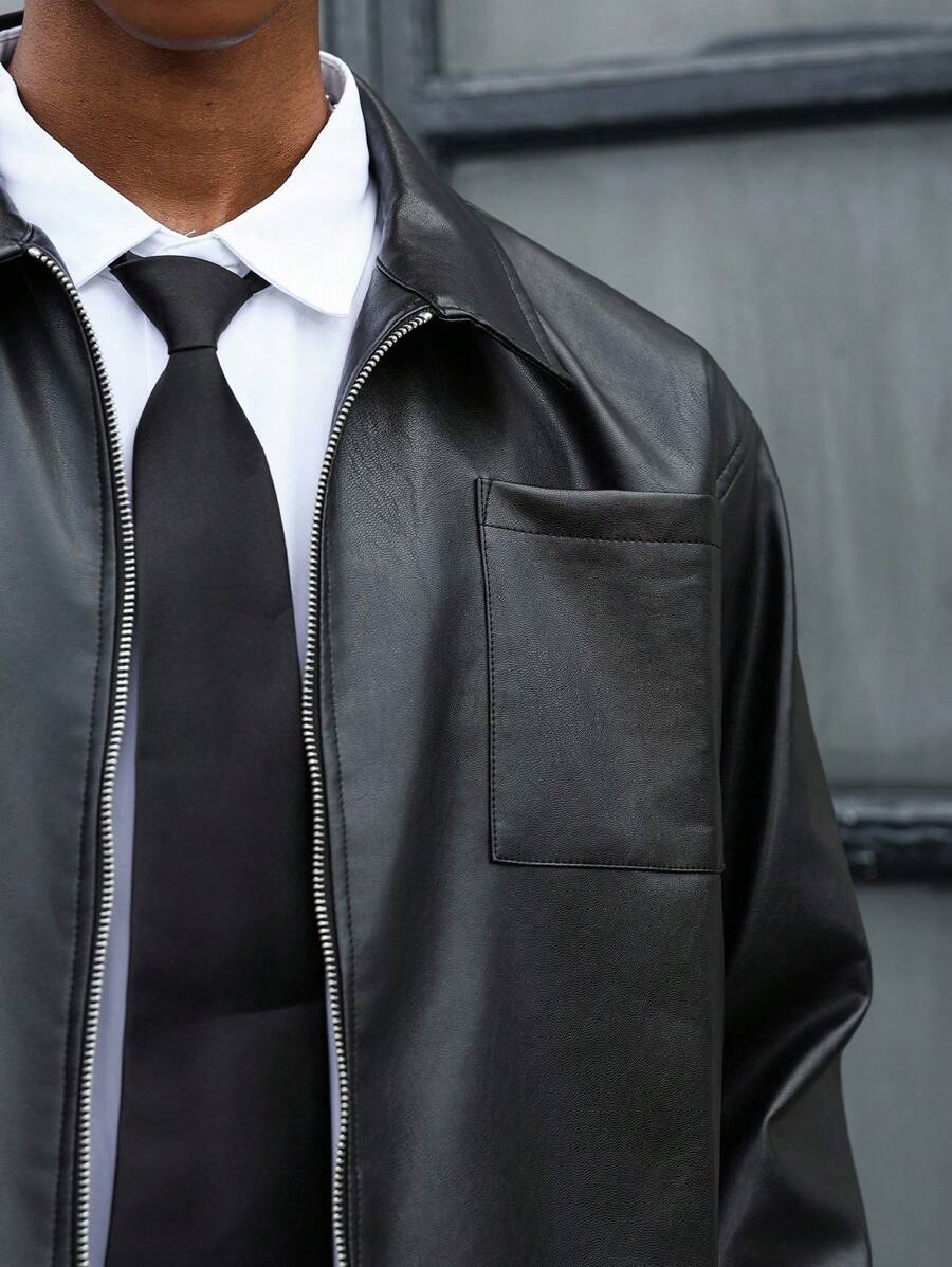 PAVTROS Manfinity Streetrush Men's Short Zip-Up PU Leather Jacket, Black Leather Jacket Men Cropped Leather Jacket Men Leather Outerwear Black Leather Jacket Faux Leather Jacket Men Cropped Zip Up Jacket Cropped Faux Leather Jacket Streetwear Jacket Faux