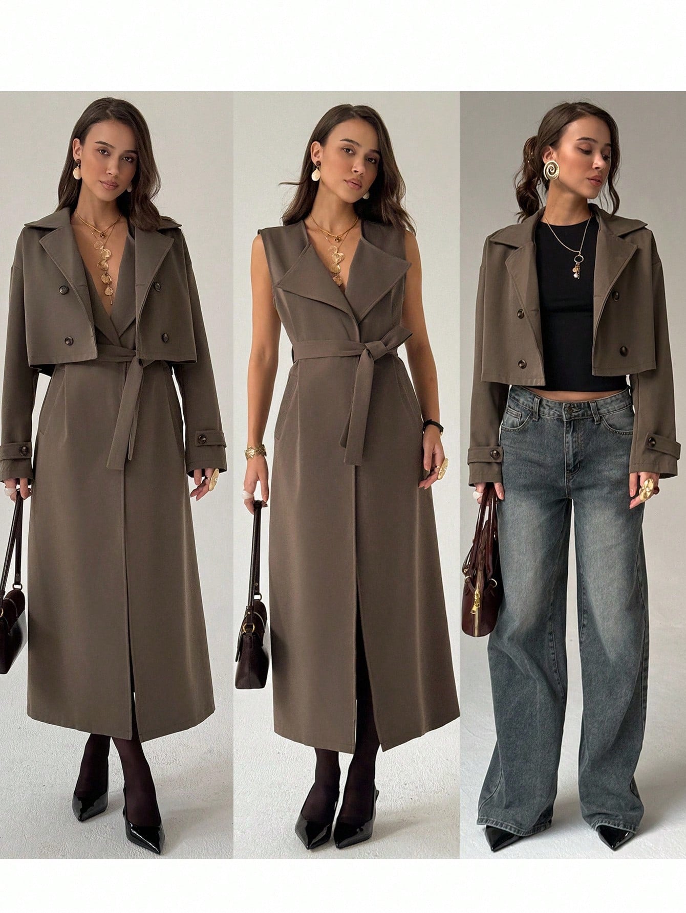 Aloruh Women's Solid Color Lapel NeckLong Sleeve Short Jacket And Sleeveless Long Jacket Casual Suit In Fall/Winter