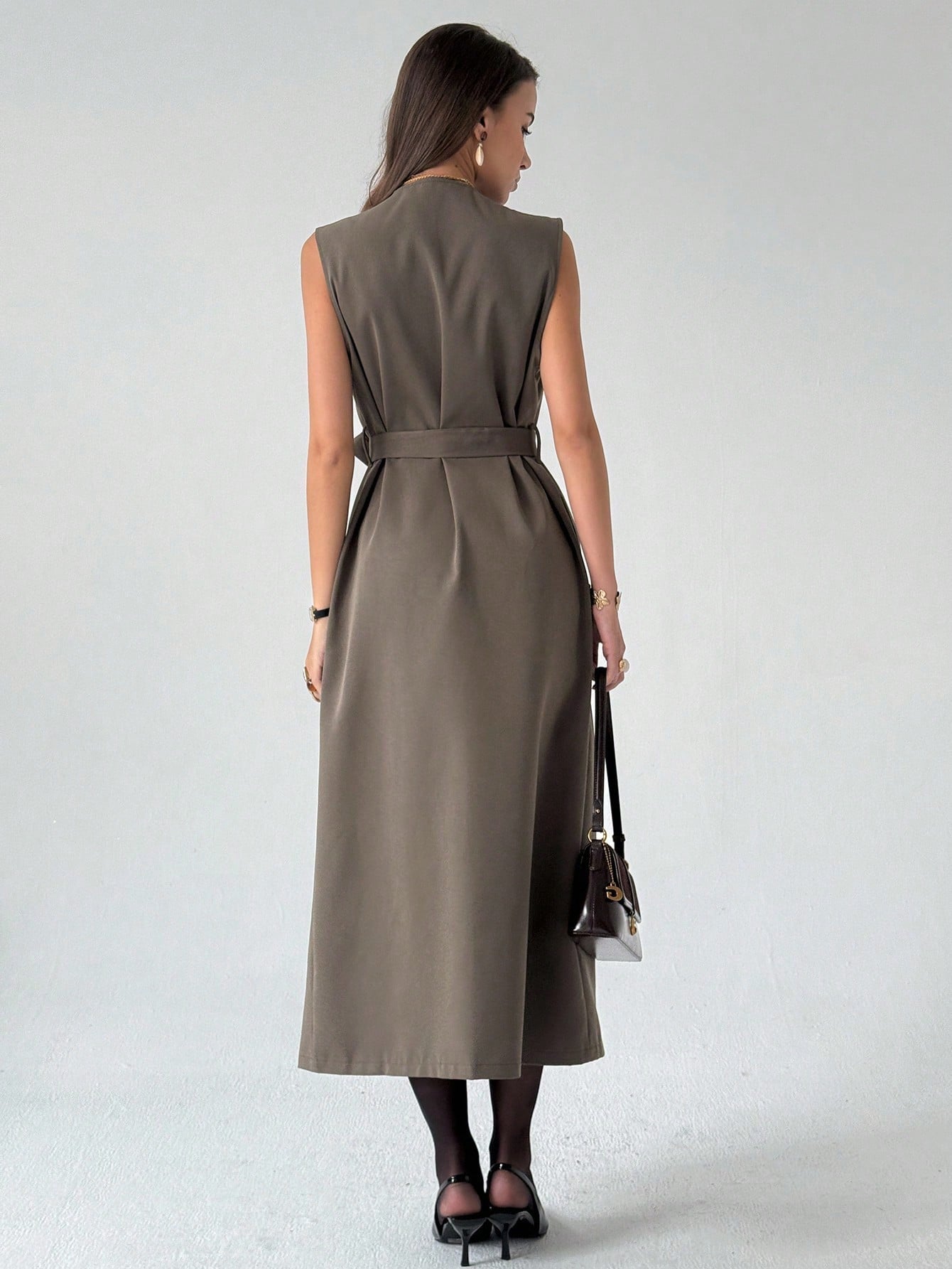 Aloruh Women's Solid Color Lapel NeckLong Sleeve Short Jacket And Sleeveless Long Jacket Casual Suit In Fall/Winter