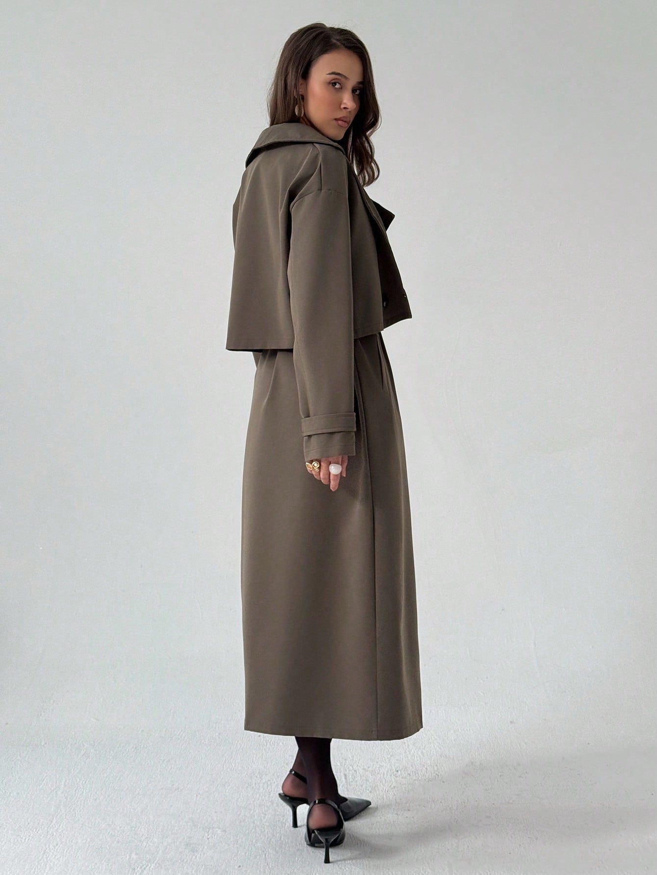 Aloruh Women's Solid Color Lapel NeckLong Sleeve Short Jacket And Sleeveless Long Jacket Casual Suit In Fall/Winter