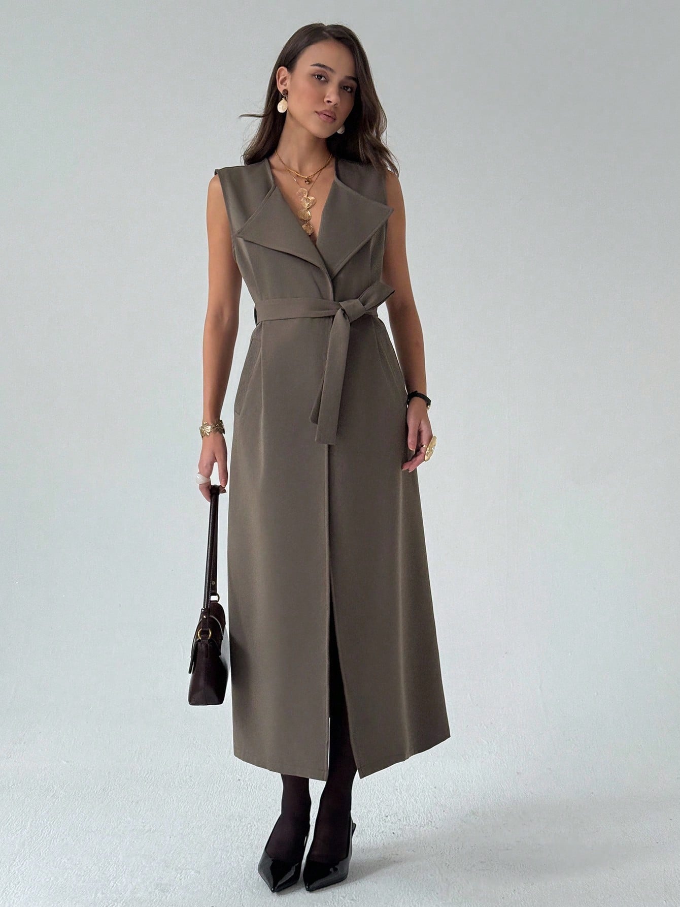Aloruh Women's Solid Color Lapel NeckLong Sleeve Short Jacket And Sleeveless Long Jacket Casual Suit In Fall/Winter