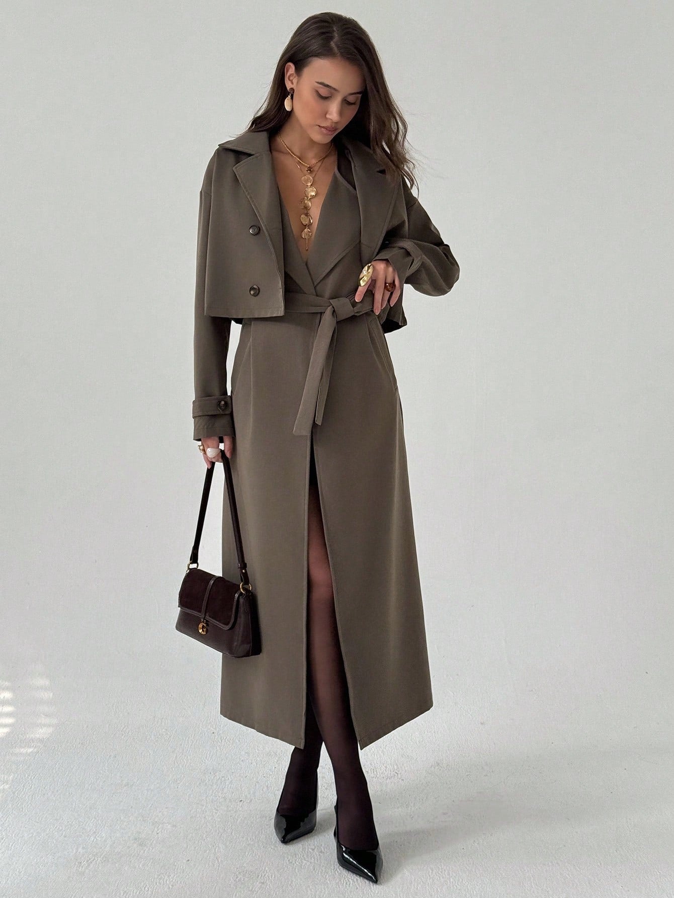 Aloruh Women's Solid Color Lapel NeckLong Sleeve Short Jacket And Sleeveless Long Jacket Casual Suit In Fall/Winter