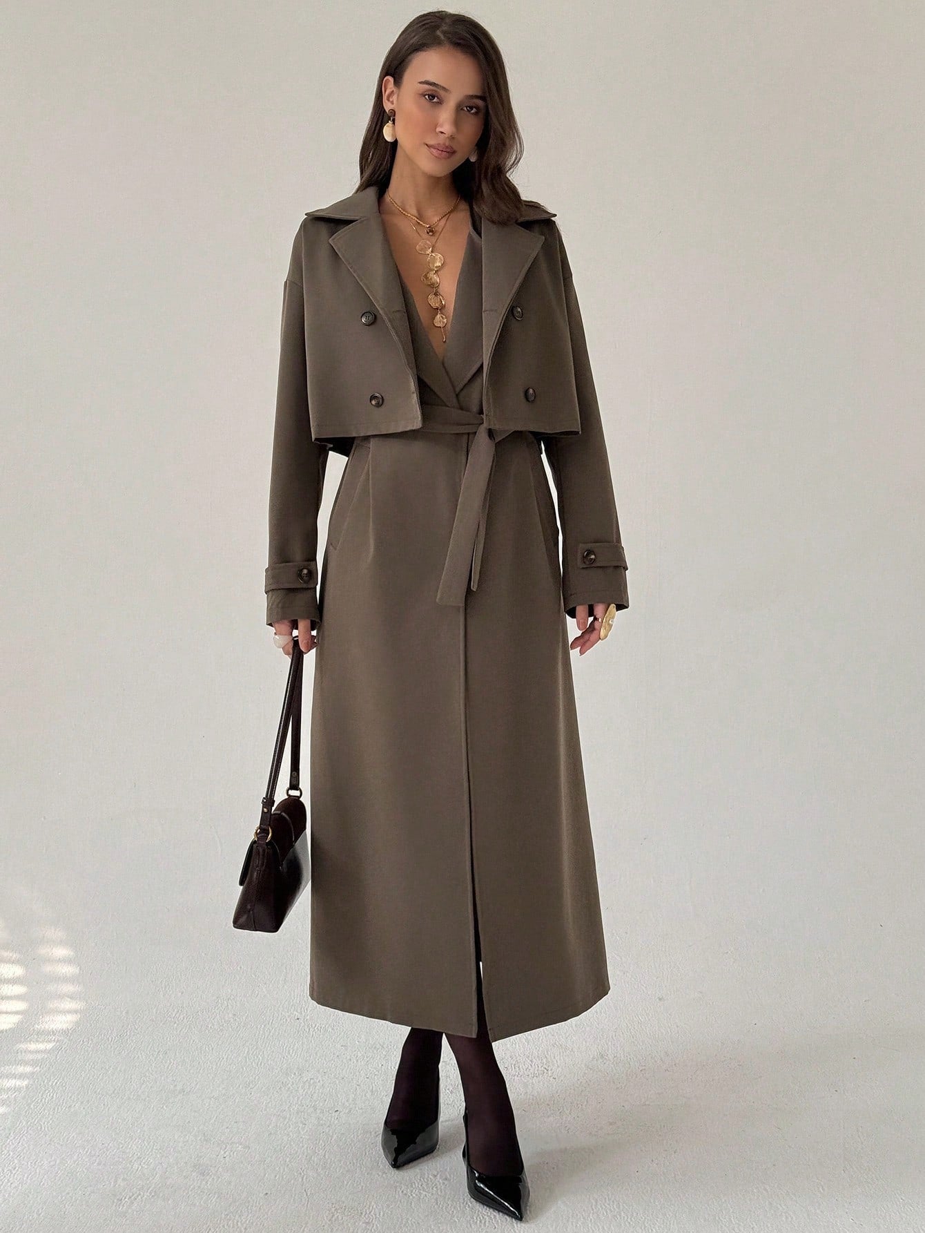 Aloruh Women's Solid Color Lapel NeckLong Sleeve Short Jacket And Sleeveless Long Jacket Casual Suit In Fall/Winter