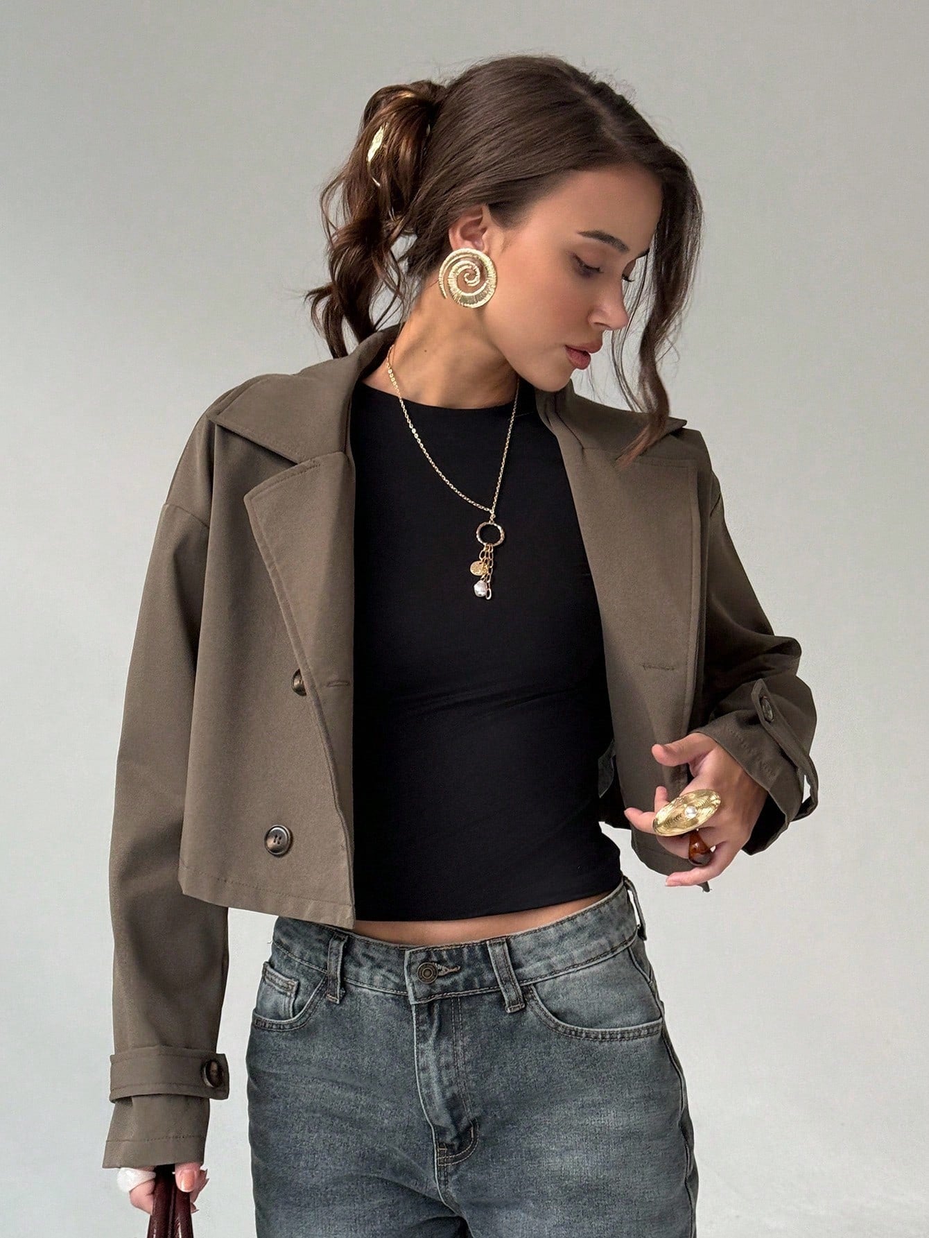 Aloruh Women's Solid Color Lapel NeckLong Sleeve Short Jacket And Sleeveless Long Jacket Casual Suit In Fall/Winter