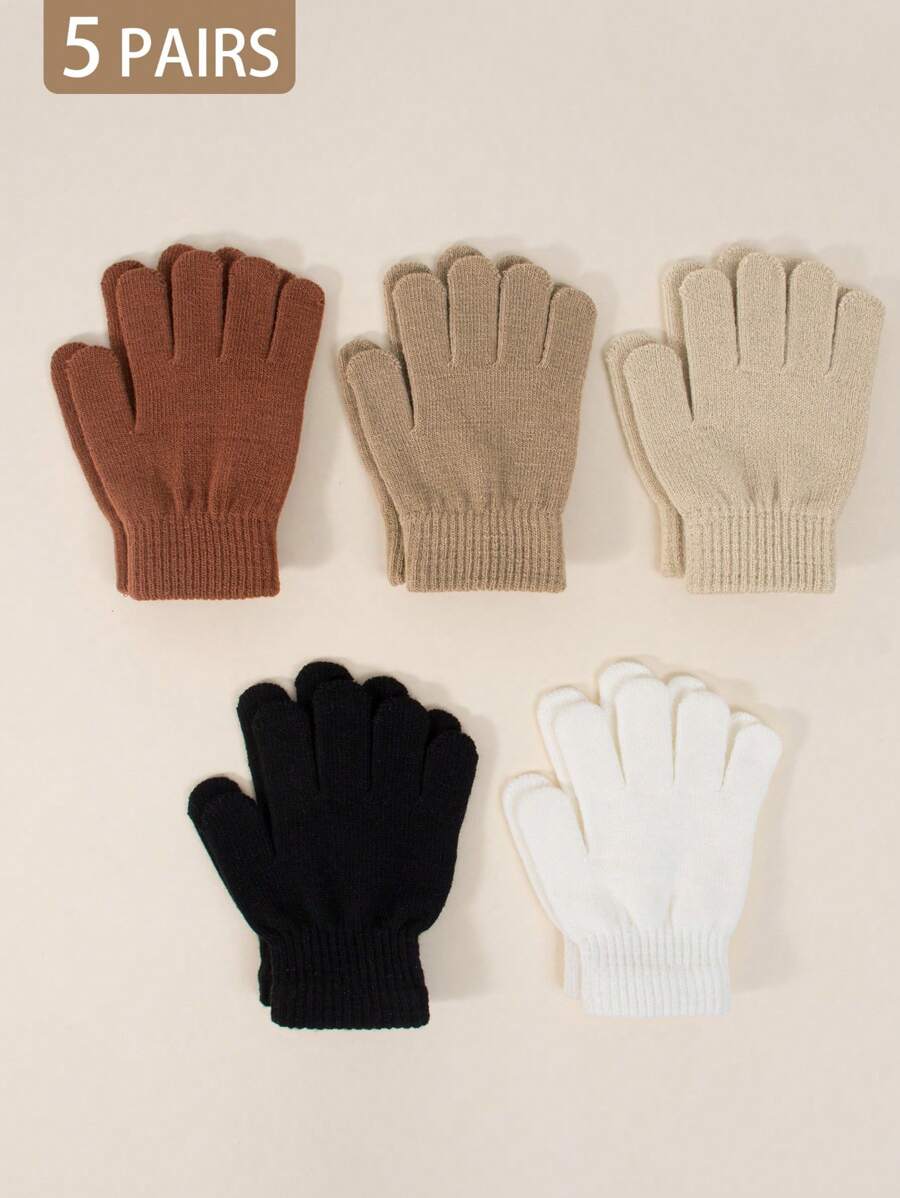 5 Pairs Kids Autumn/Winter Elastic Knitted Warm Gloves, Multiple Colors