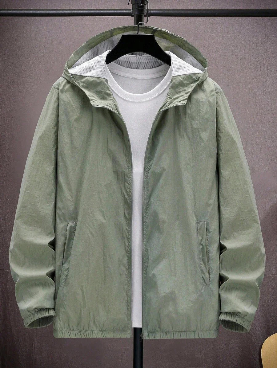 Manfinity Homme Men Casual Fashion Versatile Solid Color Long Sleeve Zip-Up Hooded Windbreaker Jacket, Lightweight Casual Jacket, Fall