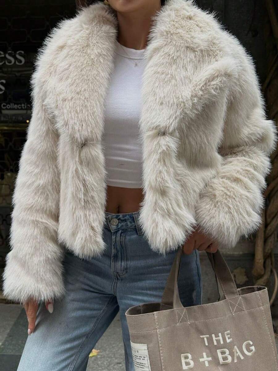 HH Faux Fur Jacket For Women Elegant Solid Lapel Long Sleeve Coat Casual Loose Female Winter Oversize Lady Chic Streetwear Jakcets