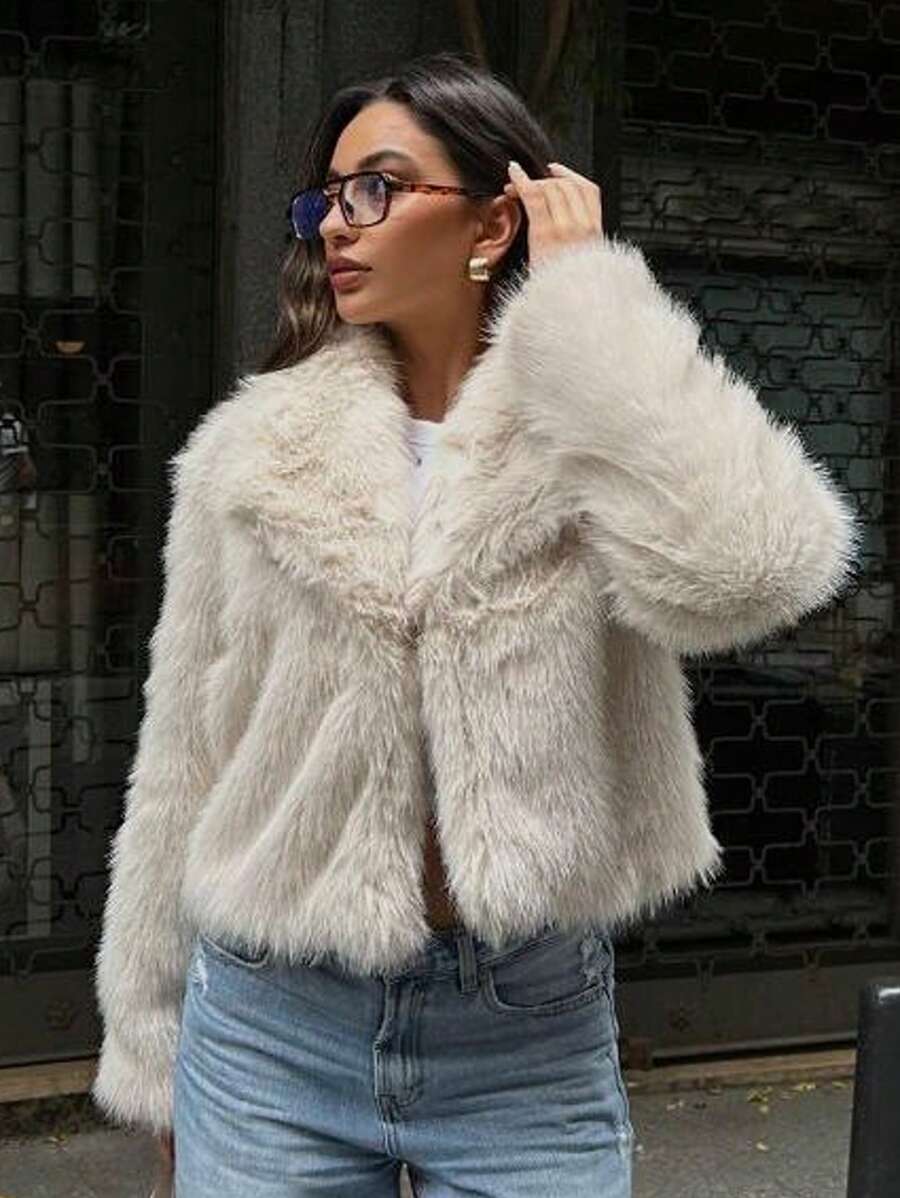 HH Faux Fur Jacket For Women Elegant Solid Lapel Long Sleeve Coat Casual Loose Female Winter Oversize Lady Chic Streetwear Jakcets