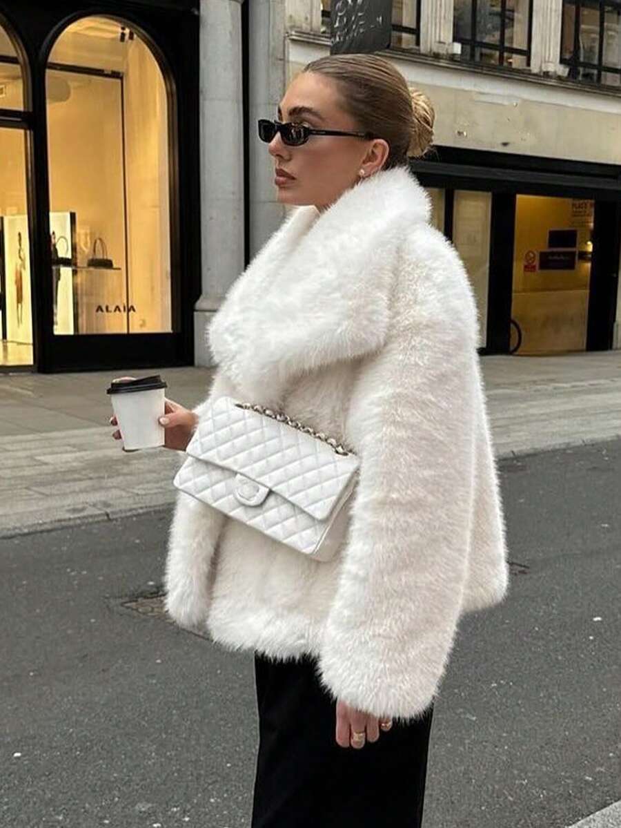 HH Faux Fur Jacket For Women Elegant Solid Lapel Long Sleeve Coat Casual Loose Female Winter Oversize Lady Chic Streetwear Jakcets