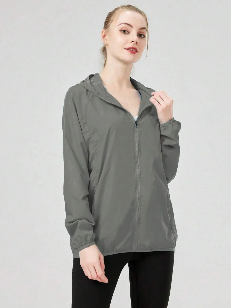 1pc Women's Lightweight Waterproof Jacket, Casual Windbreaker, Quick-Dry Sportswear, Black Long Sleeve Athletic Jacket For Women, With Storage Bag