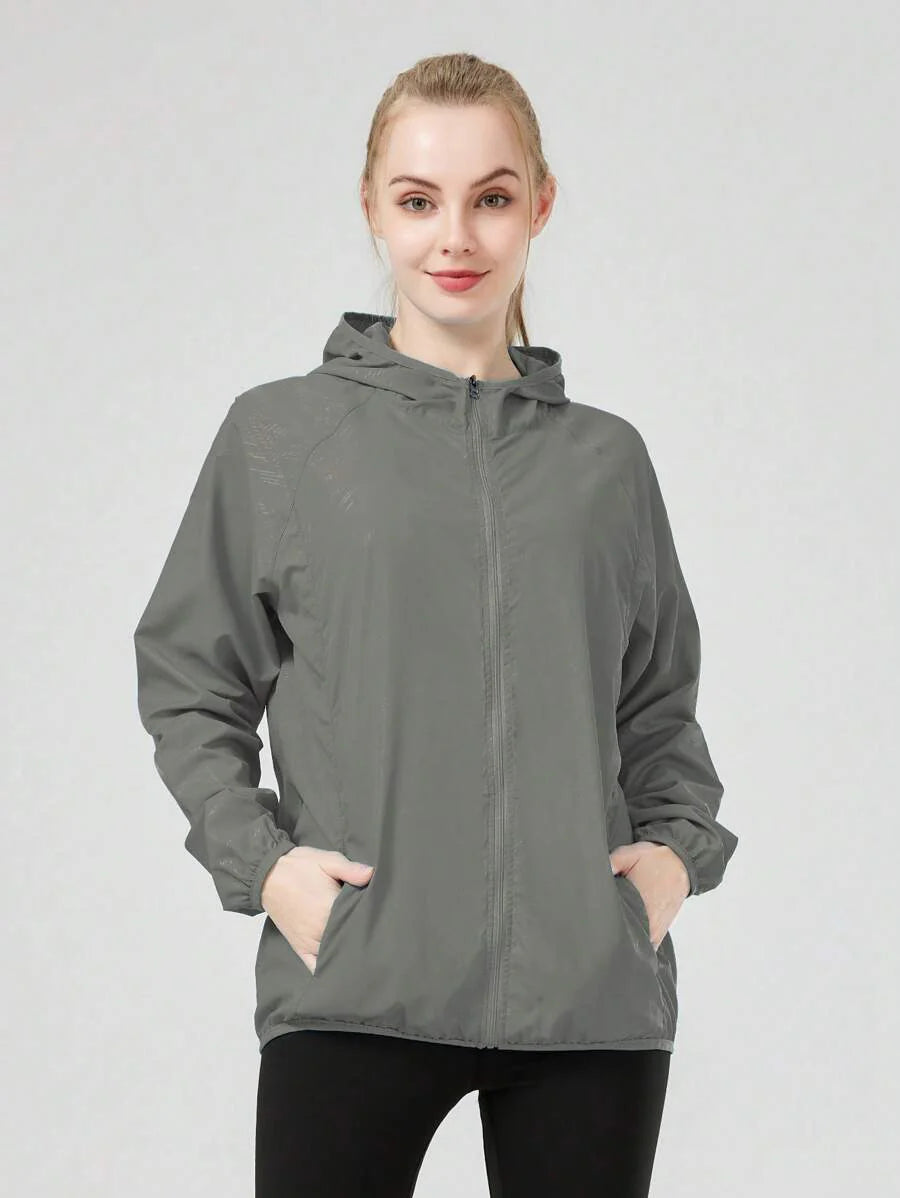 1pc Women's Lightweight Waterproof Jacket, Casual Windbreaker, Quick-Dry Sportswear, Black Long Sleeve Athletic Jacket For Women, With Storage Bag