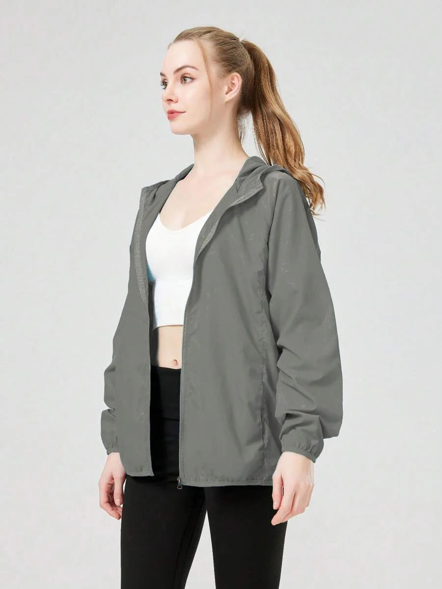 1pc Women's Lightweight Waterproof Jacket, Casual Windbreaker, Quick-Dry Sportswear, Black Long Sleeve Athletic Jacket For Women, With Storage Bag
