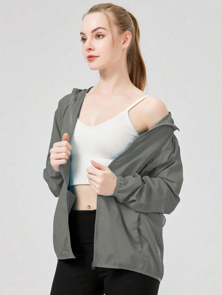 1pc Women's Lightweight Waterproof Jacket, Casual Windbreaker, Quick-Dry Sportswear, Black Long Sleeve Athletic Jacket For Women, With Storage Bag