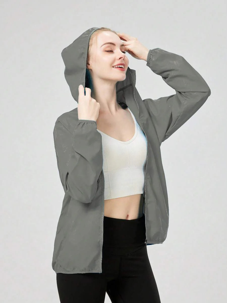 1pc Women's Lightweight Waterproof Jacket, Casual Windbreaker, Quick-Dry Sportswear, Black Long Sleeve Athletic Jacket For Women, With Storage Bag