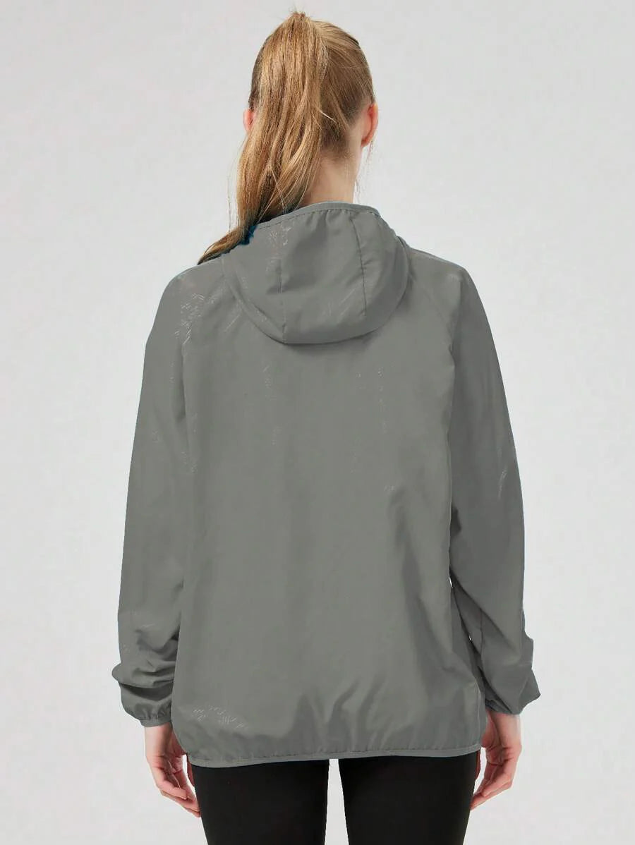 1pc Women's Lightweight Waterproof Jacket, Casual Windbreaker, Quick-Dry Sportswear, Black Long Sleeve Athletic Jacket For Women, With Storage Bag