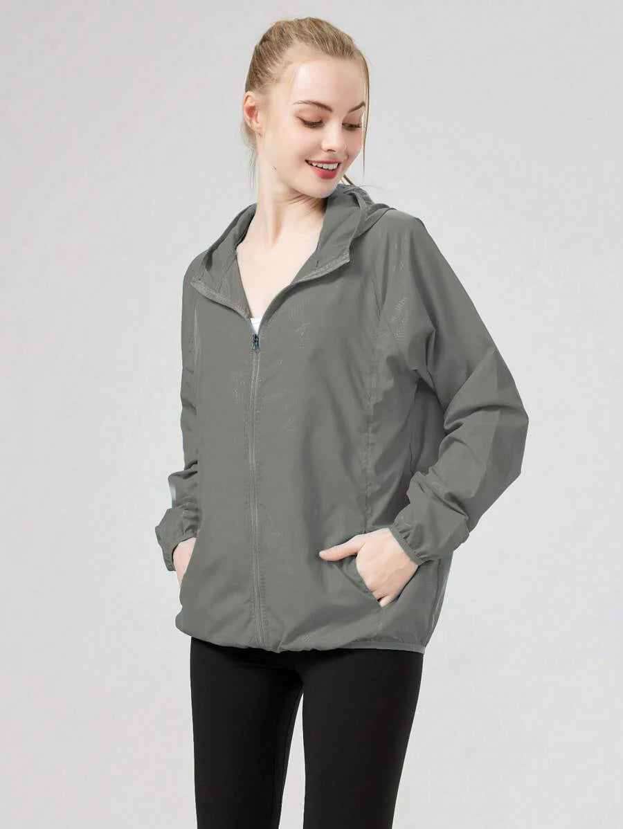 1pc Women's Lightweight Waterproof Jacket, Casual Windbreaker, Quick-Dry Sportswear, Black Long Sleeve Athletic Jacket For Women, With Storage Bag