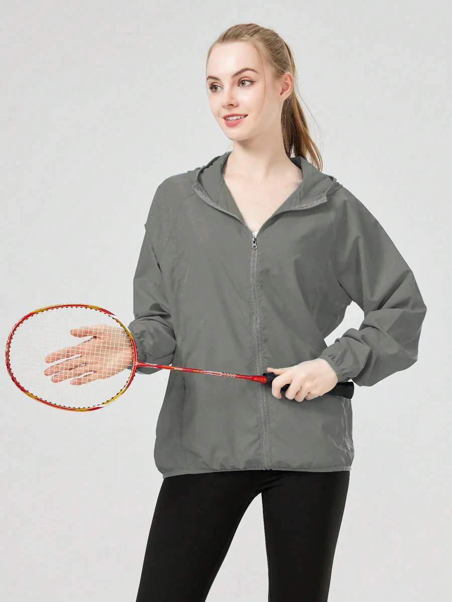 1pc Women's Lightweight Waterproof Jacket, Casual Windbreaker, Quick-Dry Sportswear, Black Long Sleeve Athletic Jacket For Women, With Storage Bag