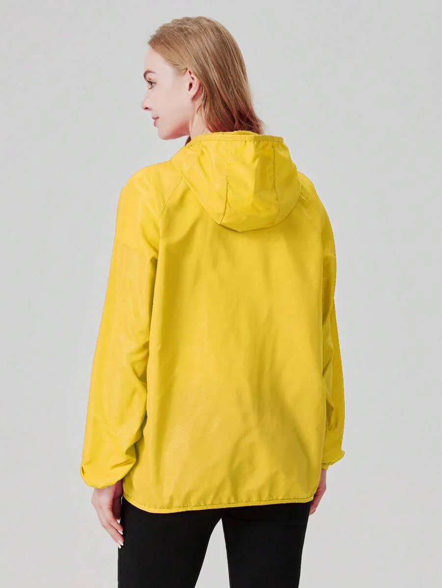 1pc Women's Lightweight Waterproof Jacket, Casual Windbreaker, Quick-Dry Sportswear, Black Long Sleeve Athletic Jacket For Women, With Storage Bag