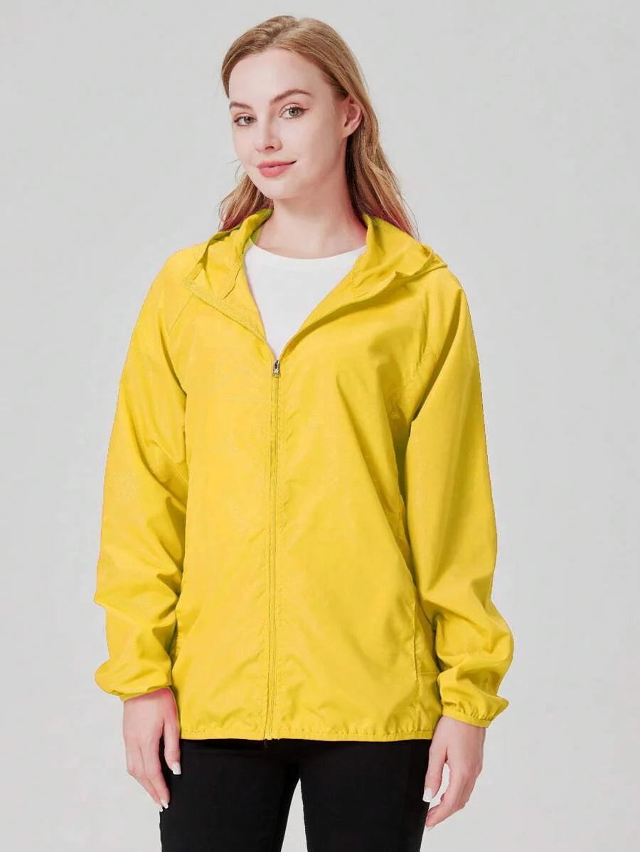 1pc Women's Lightweight Waterproof Jacket, Casual Windbreaker, Quick-Dry Sportswear, Black Long Sleeve Athletic Jacket For Women, With Storage Bag