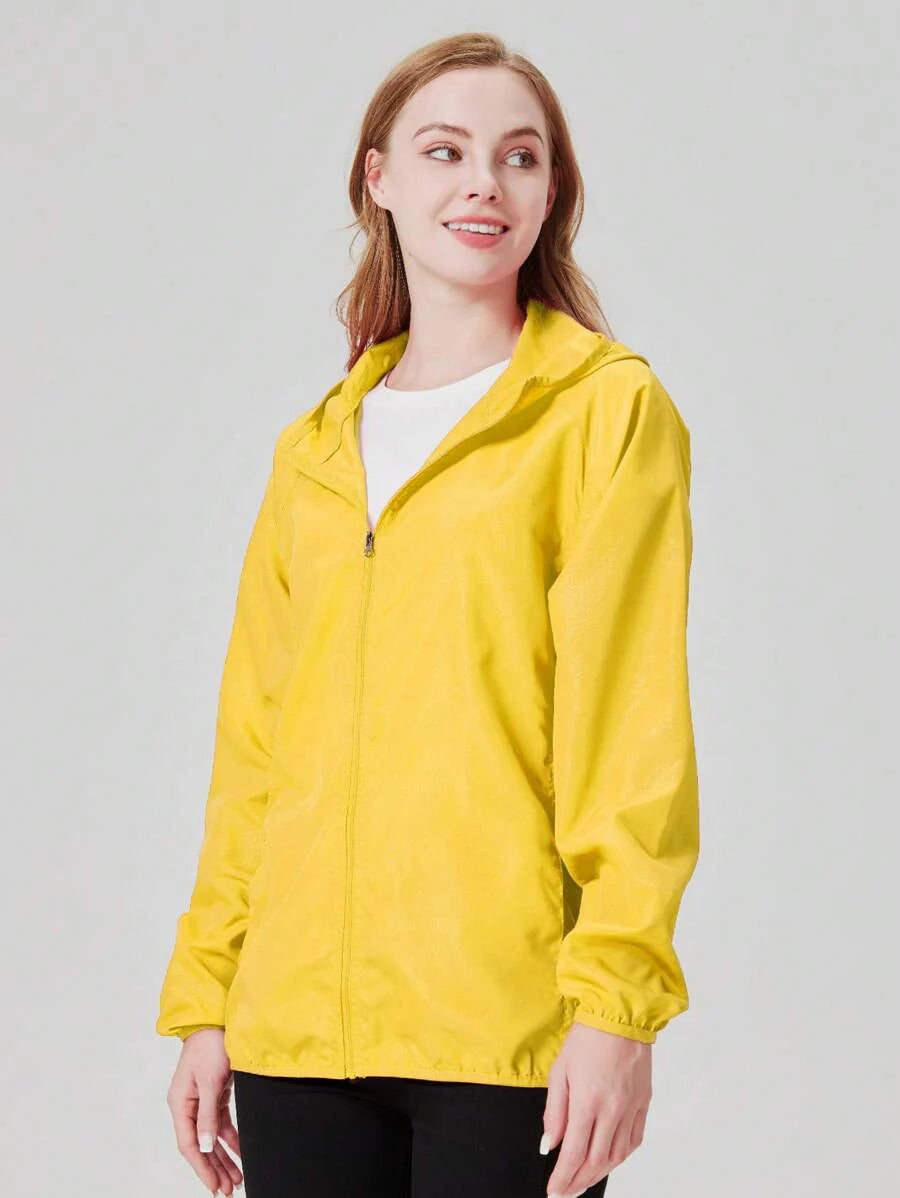 1pc Women's Lightweight Waterproof Jacket, Casual Windbreaker, Quick-Dry Sportswear, Black Long Sleeve Athletic Jacket For Women, With Storage Bag