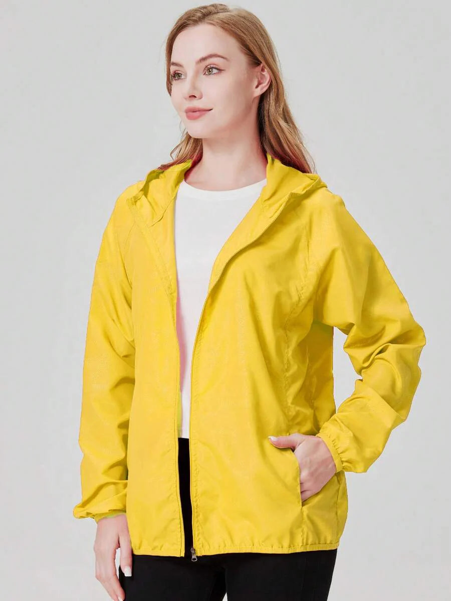 1pc Women's Lightweight Waterproof Jacket, Casual Windbreaker, Quick-Dry Sportswear, Black Long Sleeve Athletic Jacket For Women, With Storage Bag