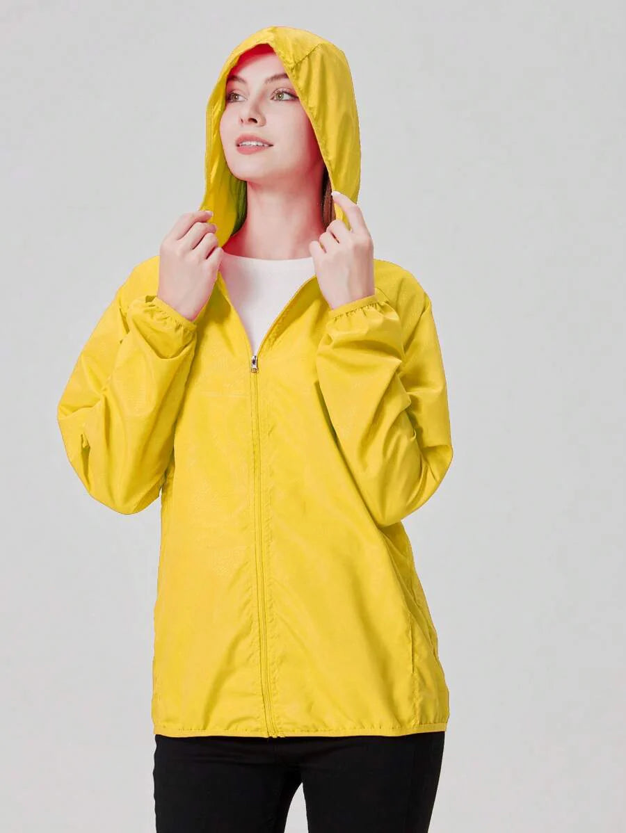 1pc Women's Lightweight Waterproof Jacket, Casual Windbreaker, Quick-Dry Sportswear, Black Long Sleeve Athletic Jacket For Women, With Storage Bag