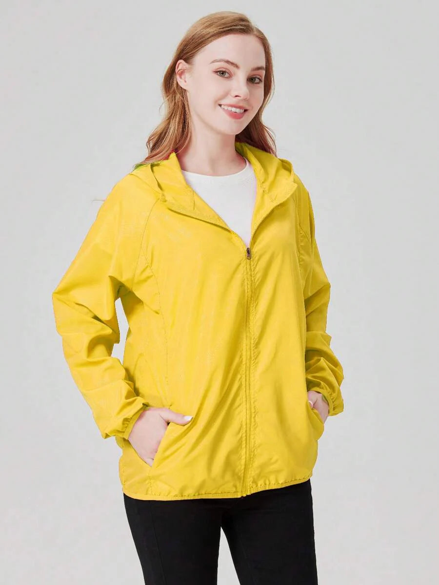 1pc Women's Lightweight Waterproof Jacket, Casual Windbreaker, Quick-Dry Sportswear, Black Long Sleeve Athletic Jacket For Women, With Storage Bag