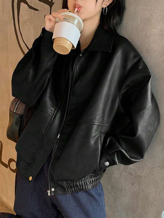 DAZY Women's Solid Color Long Sleeve Zipper Front PU Leather Loose Casual Jacket, Autumn, Fall Women Clothes