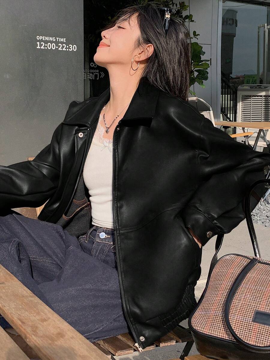 DAZY Women's Solid Color Long Sleeve Zipper Front PU Leather Loose Casual Jacket, Autumn, Fall Women Clothes