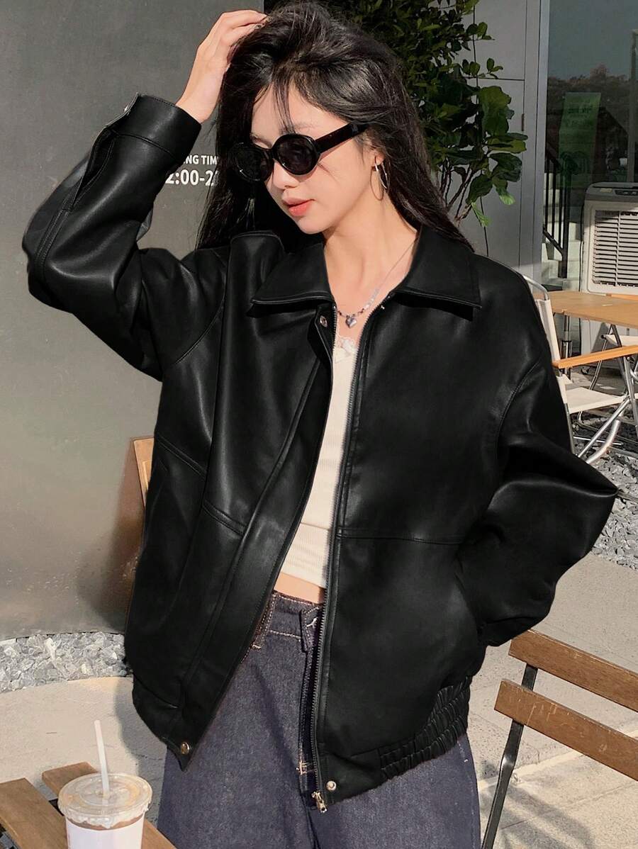 DAZY Women's Casual Solid Color Long Sleeve Loose Zip-Up PU Leather Jacket, Fall Women Clothes