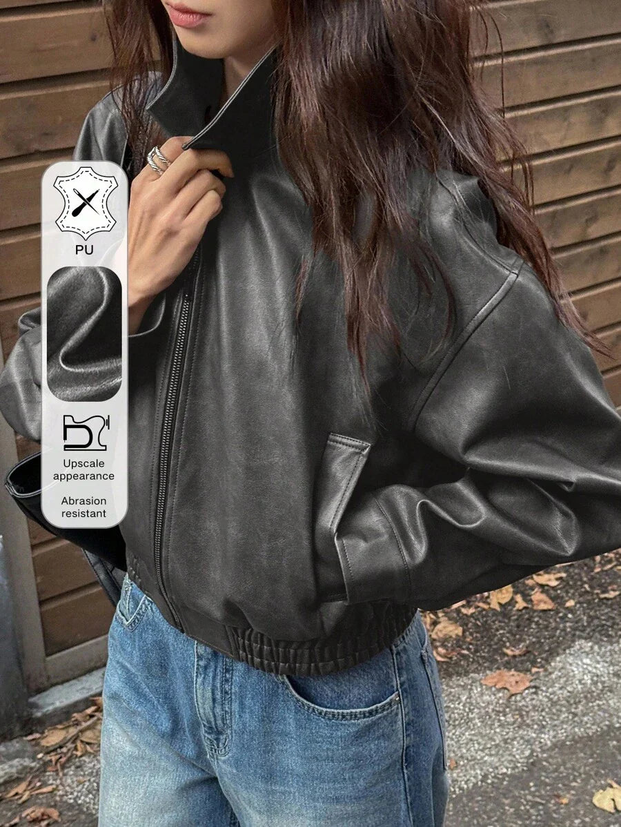 DAZY Spring New Distressed Leather Jacket, Short Style Lady Casual Outerwear, Fall Clothes