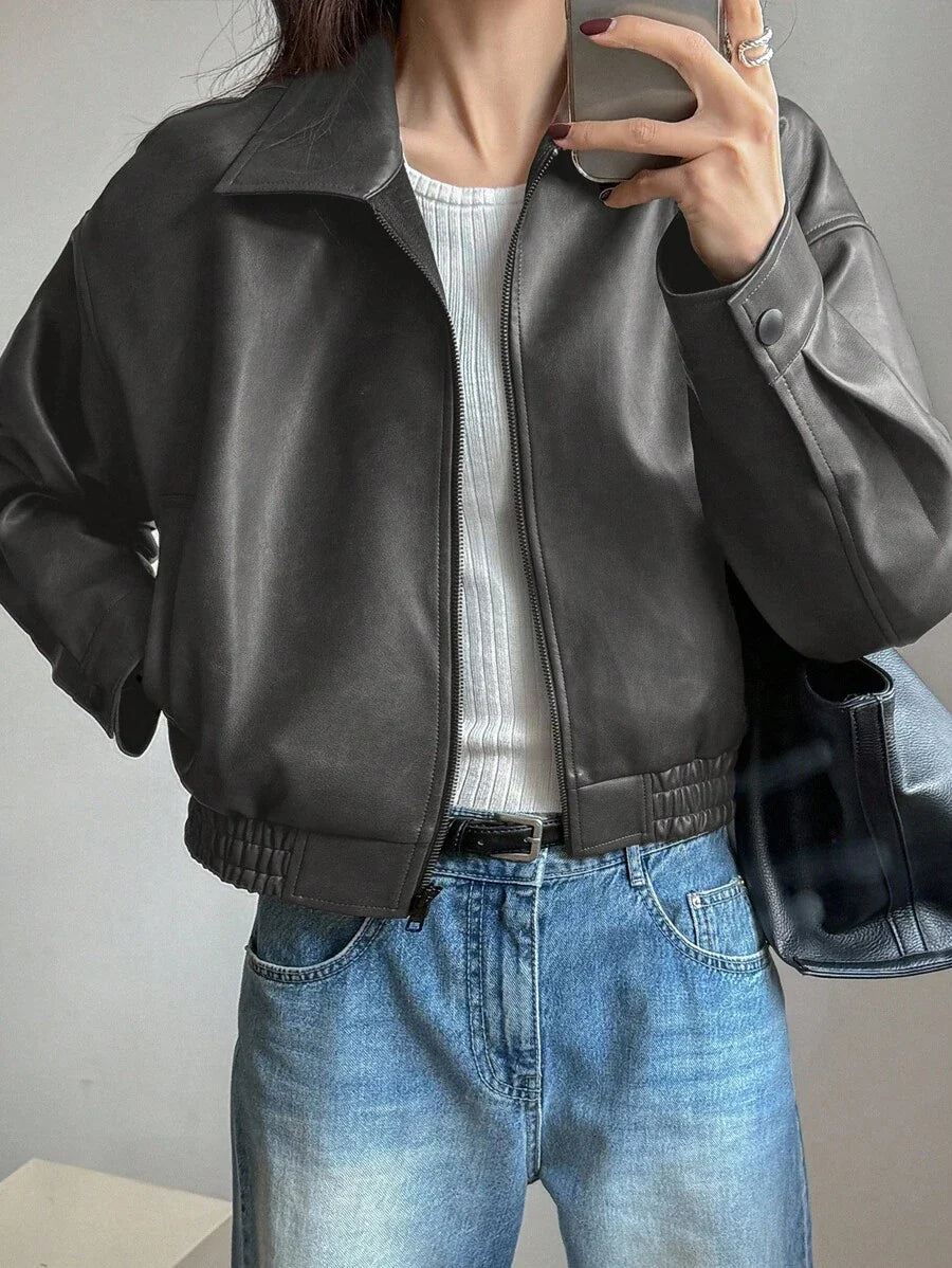 DAZY Spring New Distressed Leather Jacket, Short Style Lady Casual Outerwear, Fall Clothes