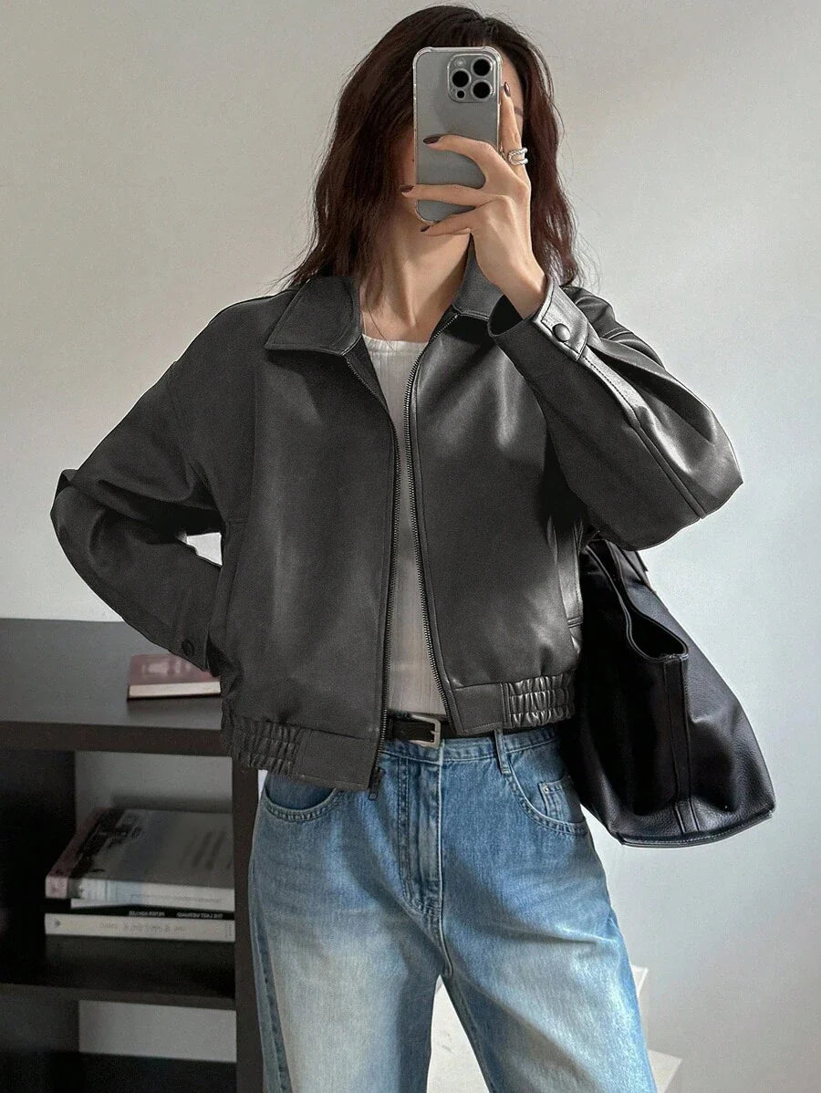 DAZY Spring New Distressed Leather Jacket, Short Style Lady Casual Outerwear, Fall Clothes