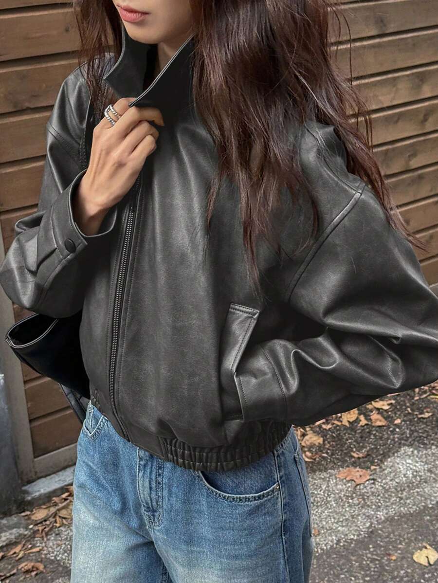 DAZY Spring New Distressed Leather Jacket, Short Style Lady Casual Outerwear, Fall Clothes