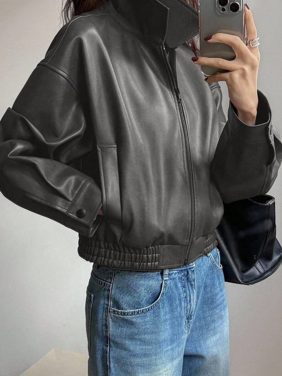 DAZY Spring New Distressed Leather Jacket, Short Style Lady Casual Outerwear, Fall Clothes