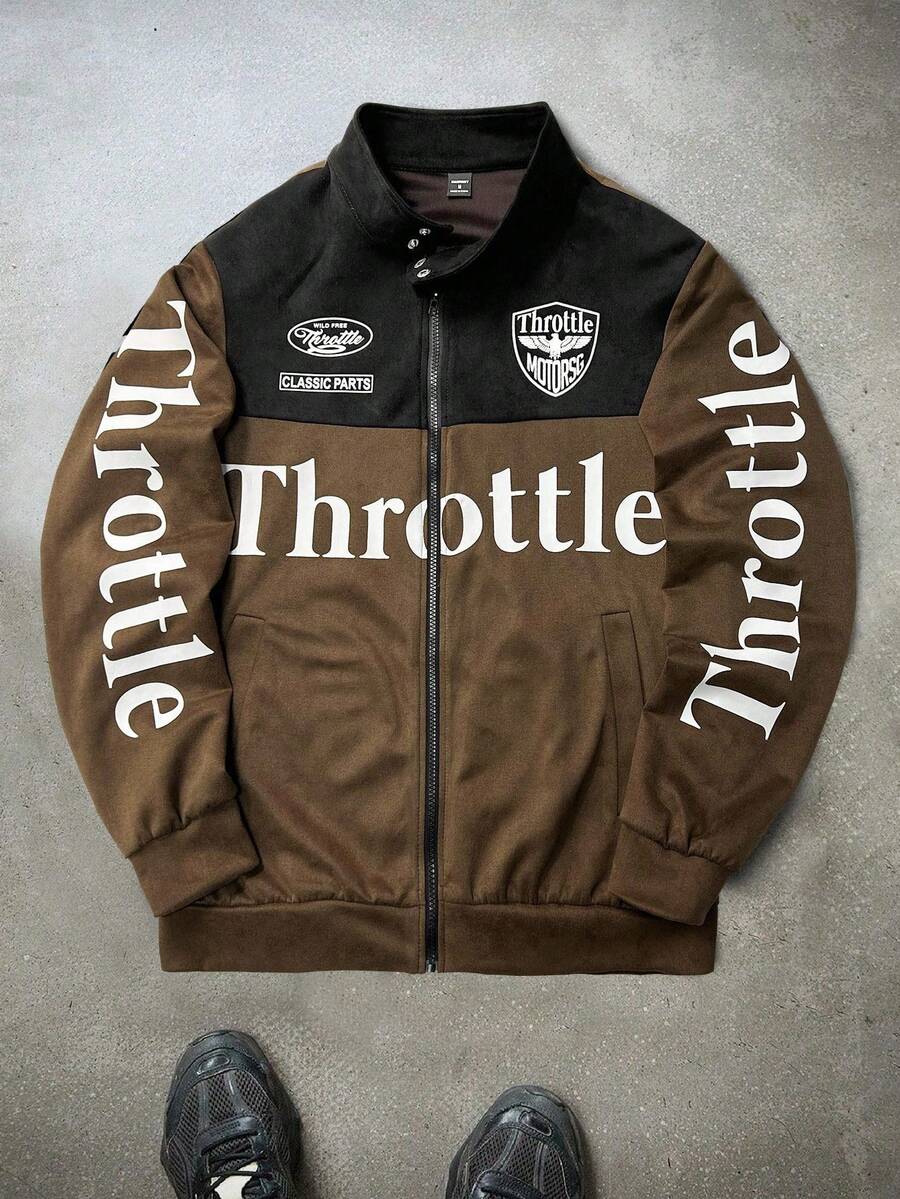 Manfinity EMRG Men's Casual Colorblocked Letter Printed Long Sleeve Jacket, Spring & Fall Going Out Street Wear Racing Jacket Black Biker Jacket, For Friends, Husband, Boyfriend Gifts