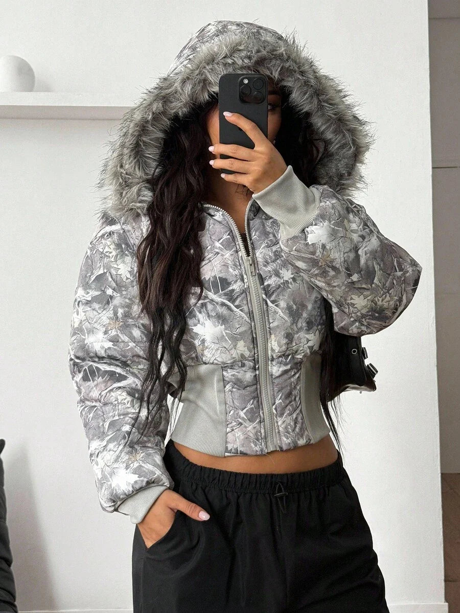 Coolane Women's Winter Streetwear Basic Daily Wear Quilted Coat With Flannelette Hat Brown Warm/ Cold Weather/ Thermal Crop Jacket